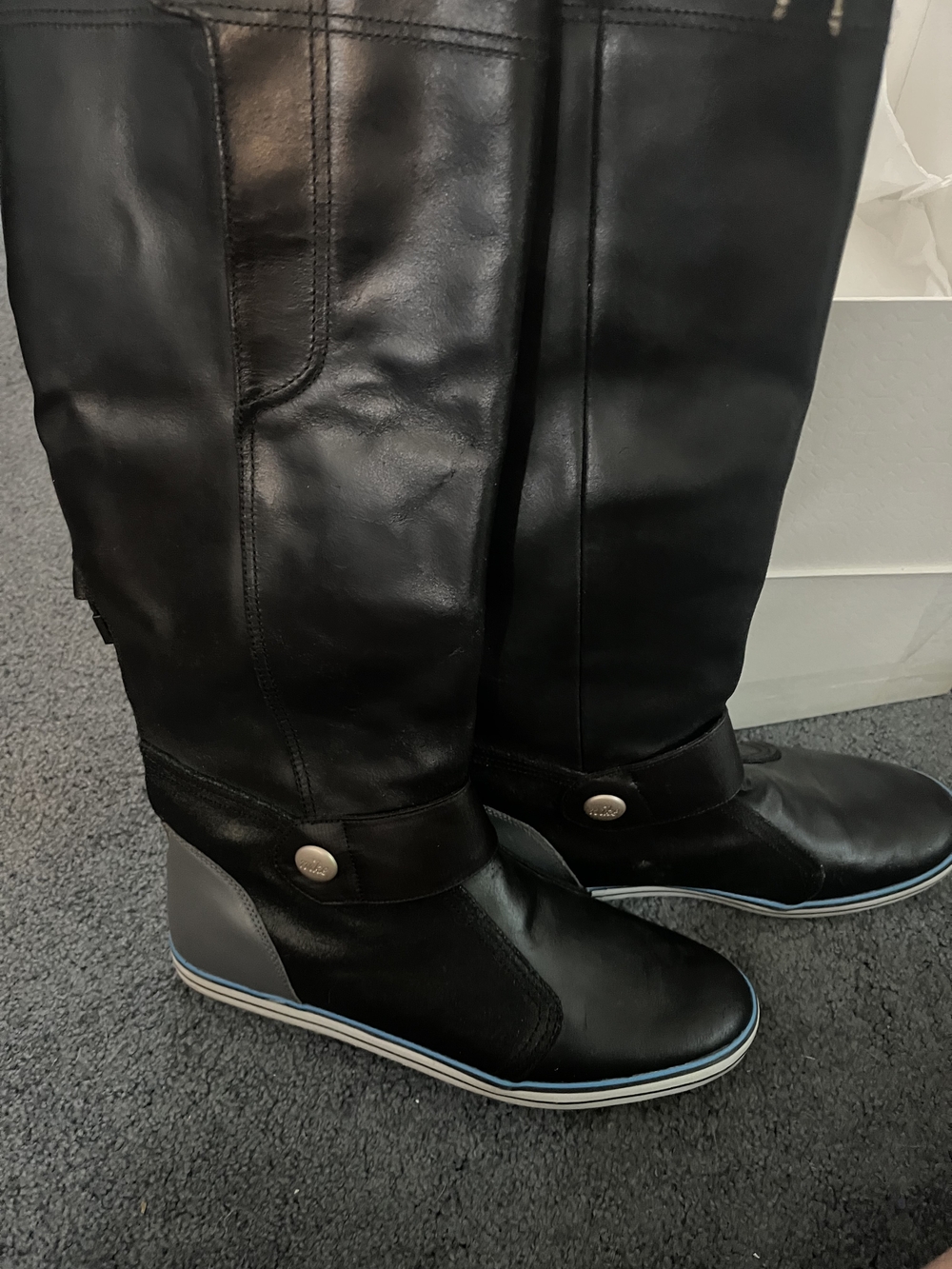 Nike Black Over-the-Knee Leather Boots with Gray Heel and Blue Trim